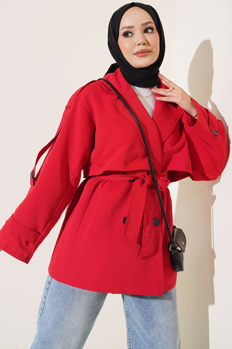 Short Belted Trench Coat with Cape - Red