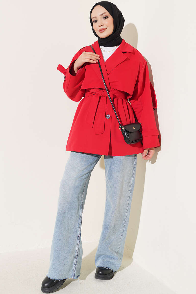Short Belted Trench Coat with Cape - Red