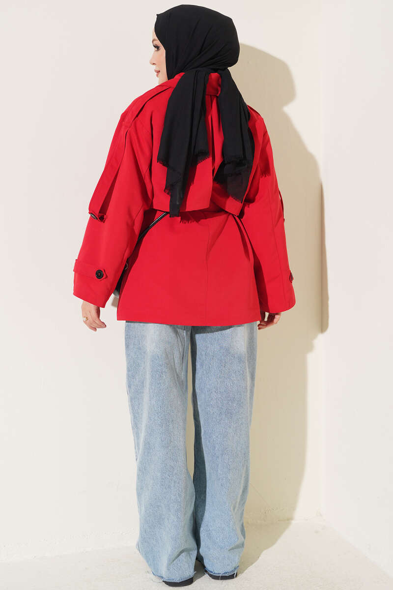 Short Belted Trench Coat with Cape - Red