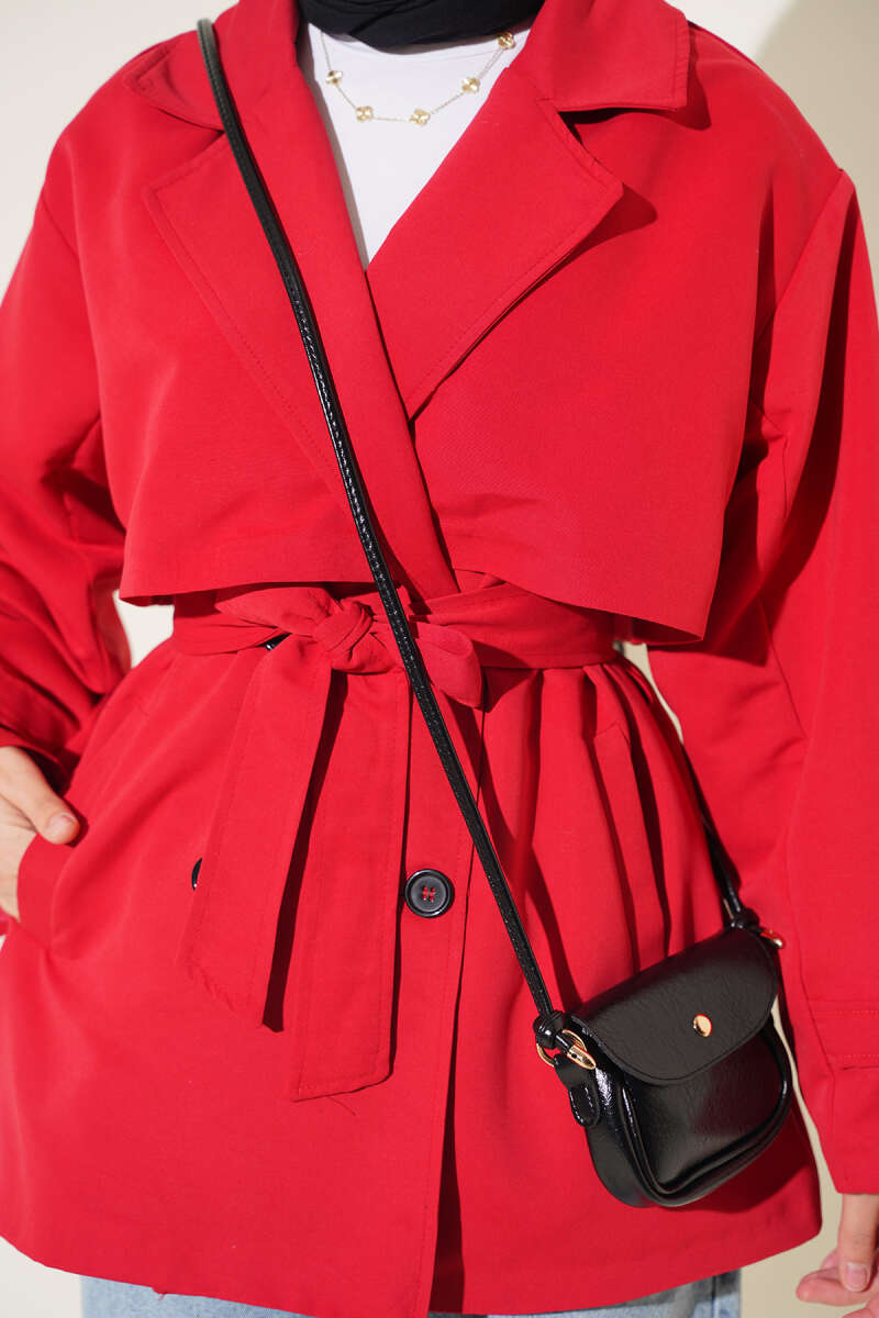 Short Belted Trench Coat with Cape - Red