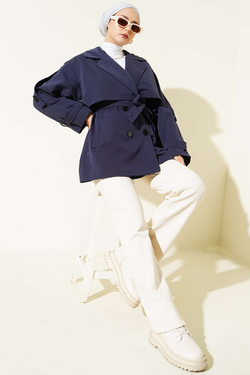 Short Belted Trench Coat with Cape - Navy