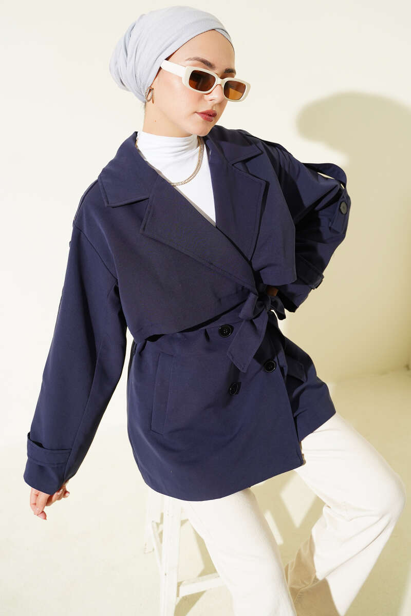 Short Belted Trench Coat with Cape - Navy