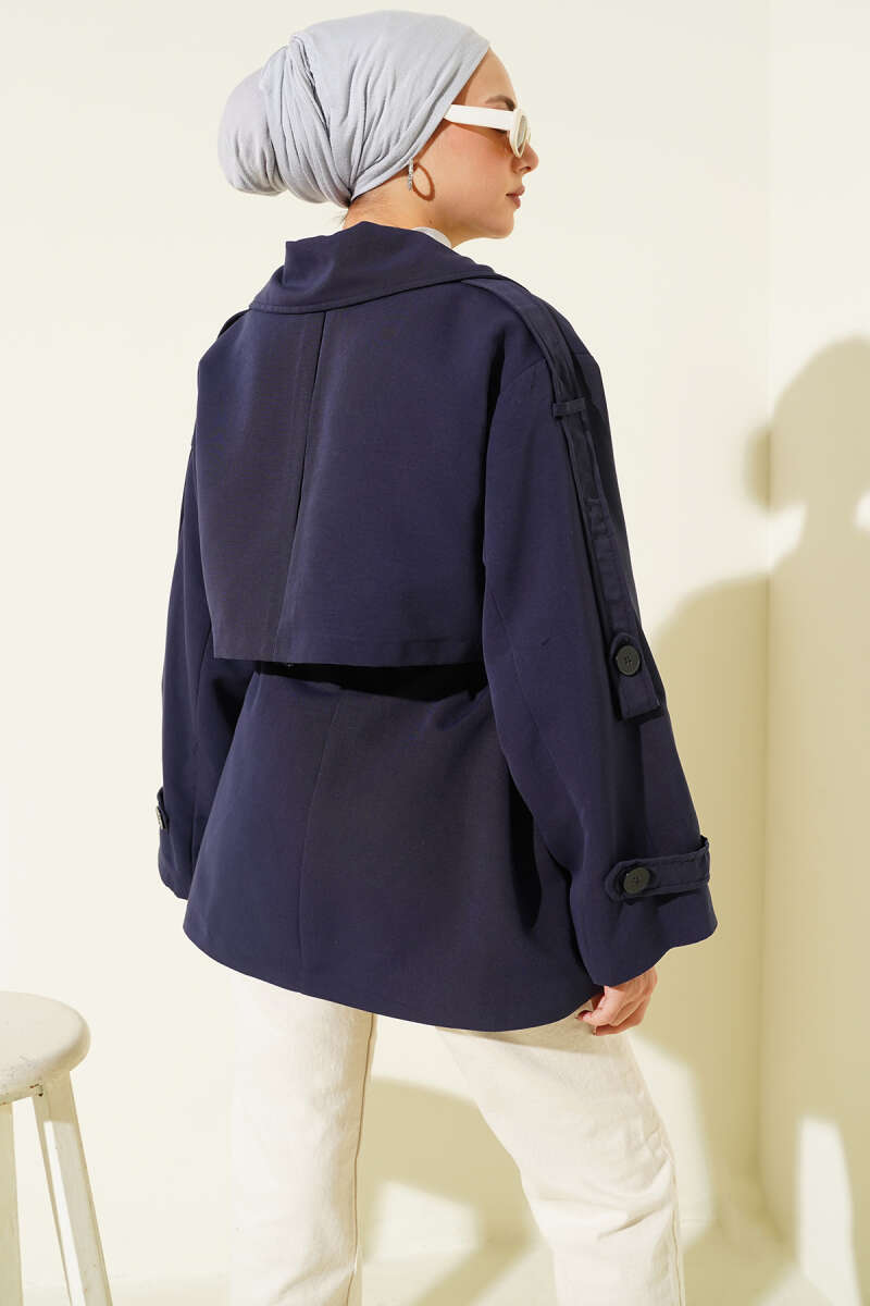 Short Belted Trench Coat with Cape - Navy