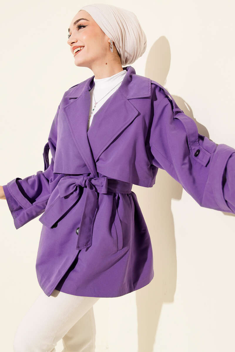 Short Belted Trench Coat with Cape - Lilac