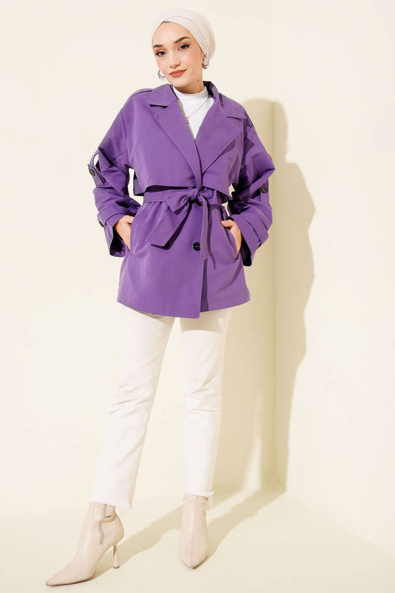 Short Belted Trench Coat with Cape - Lilac