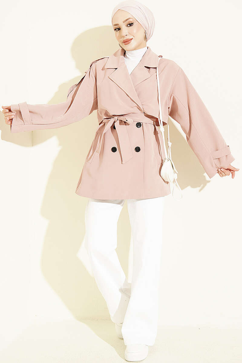 Short Belted Trench Coat with Cape - Powder