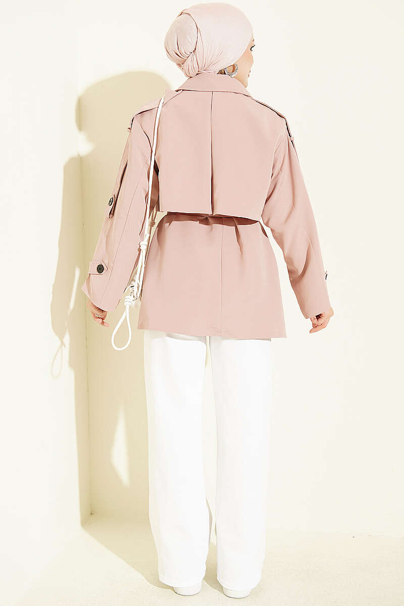 Short Belted Trench Coat with Cape - Powder