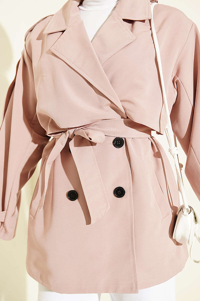 Short Belted Trench Coat with Cape - Powder