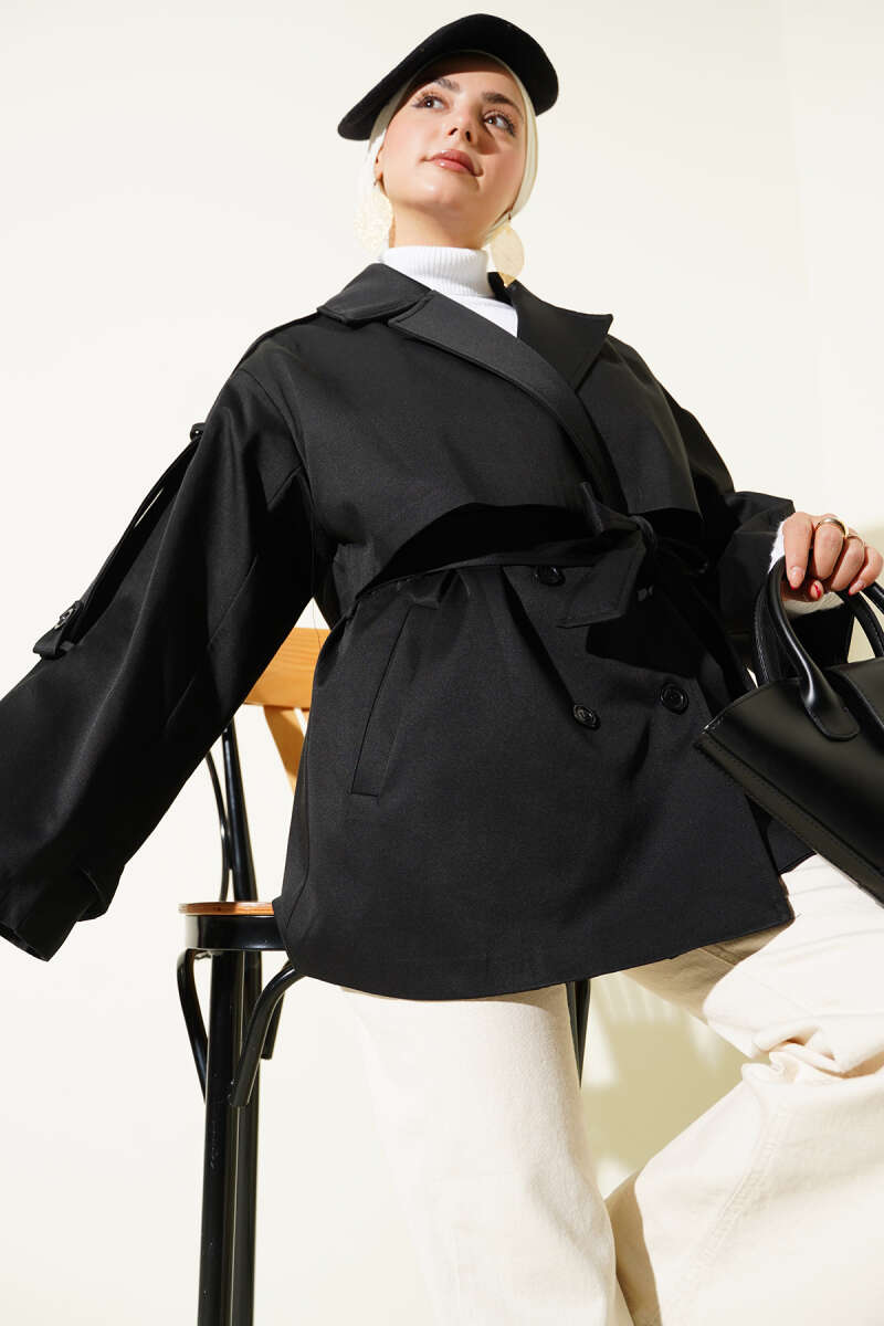 Short Belted Trench Coat with Cape - Black