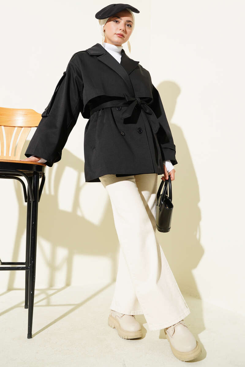 Short Belted Trench Coat with Cape - Black
