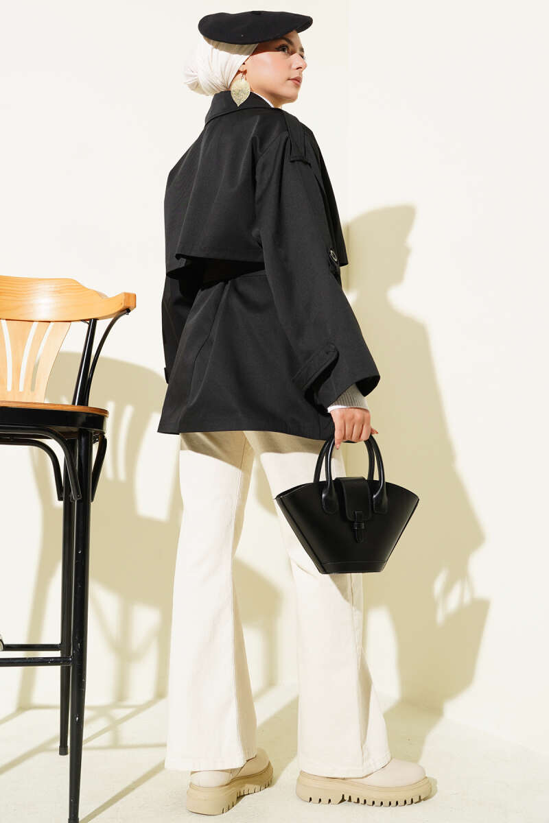 Short Belted Trench Coat with Cape - Black