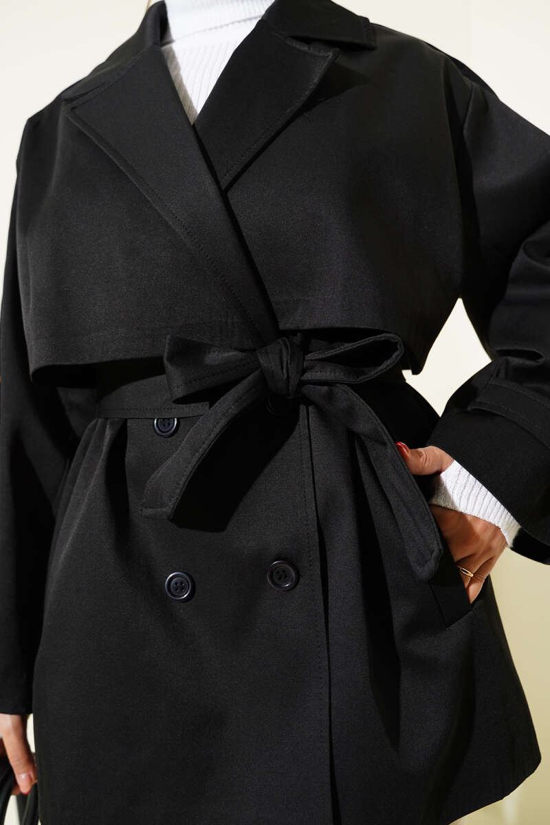 Short Belted Trench Coat with Cape - Black