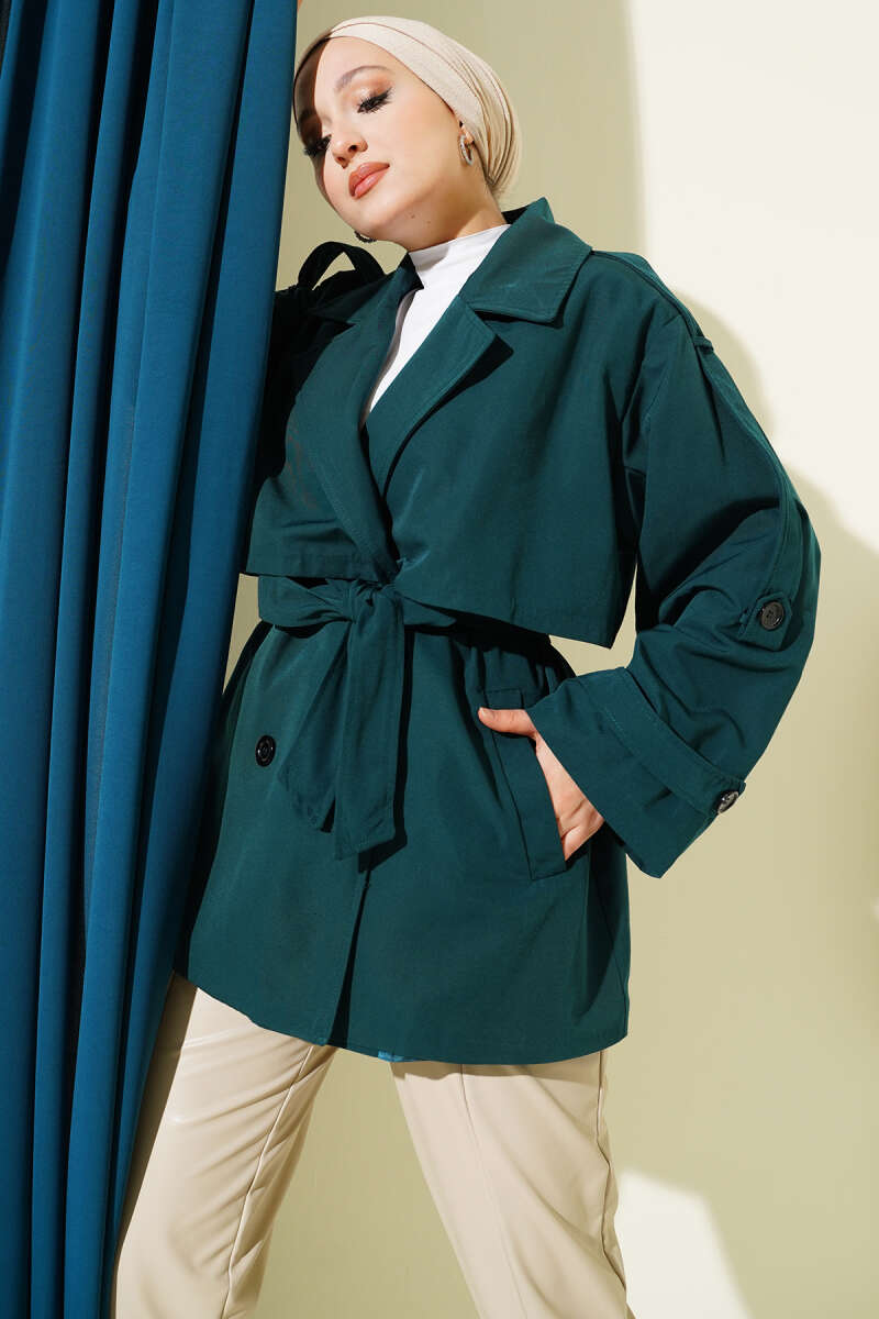 Short Belted Trench Coat with Cape - Emerald
