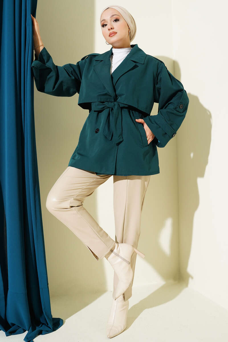 Short Belted Trench Coat with Cape - Emerald