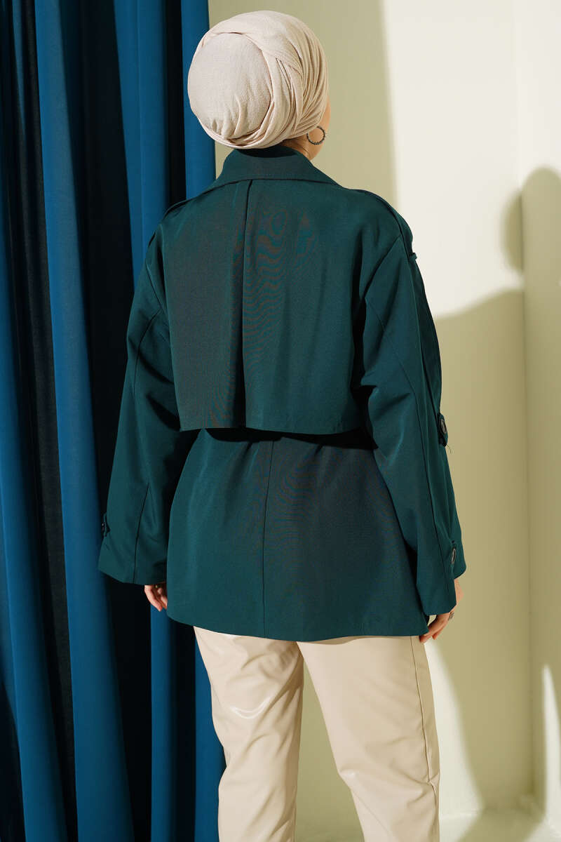 Short Belted Trench Coat with Cape - Emerald