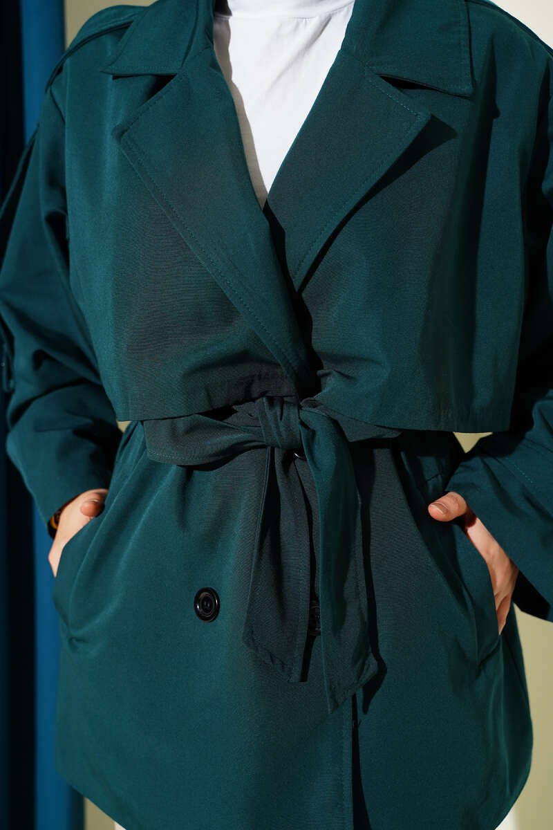 Short Belted Trench Coat with Cape - Emerald