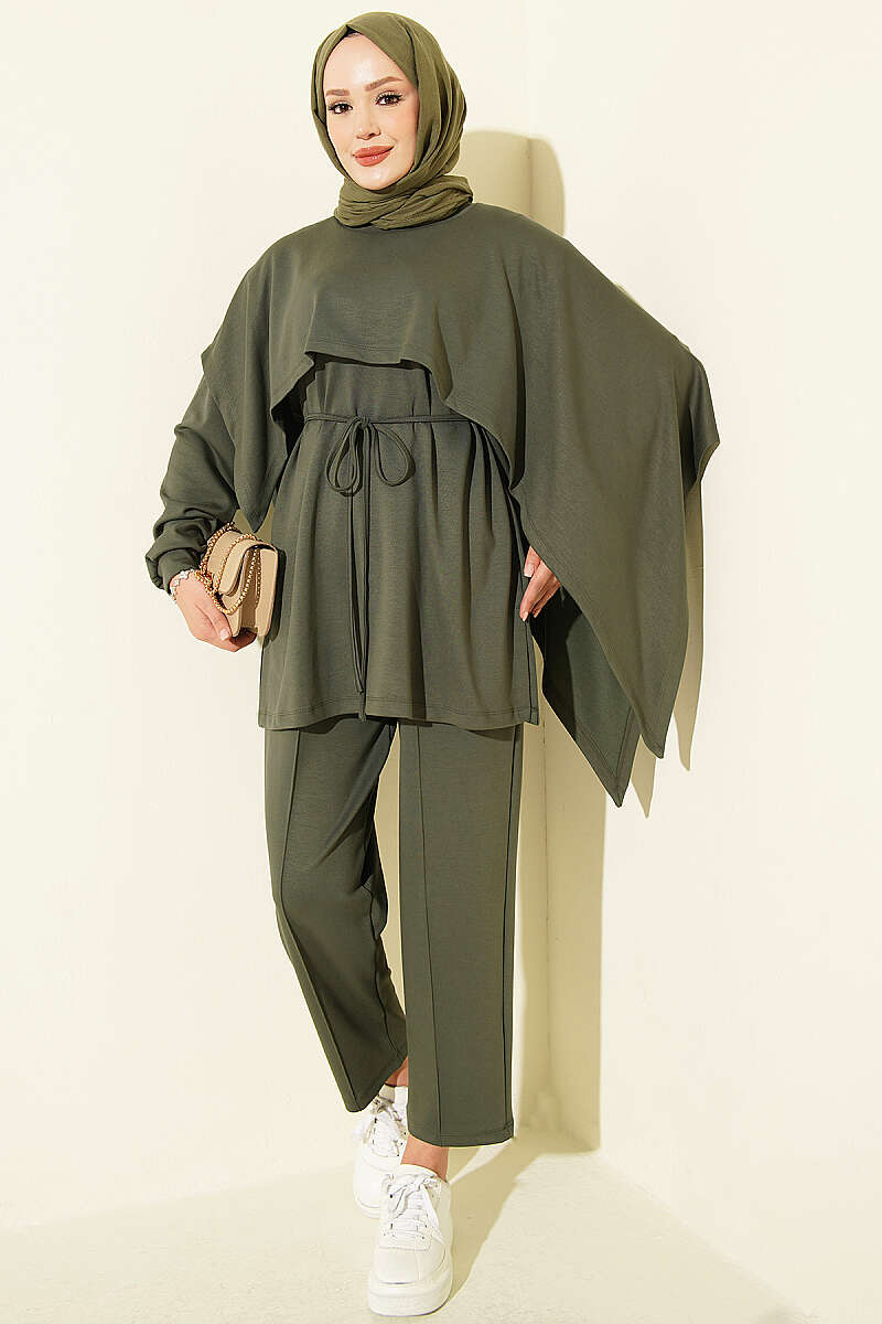 Modal Two-Piece Set with Cape Detail - Khaki