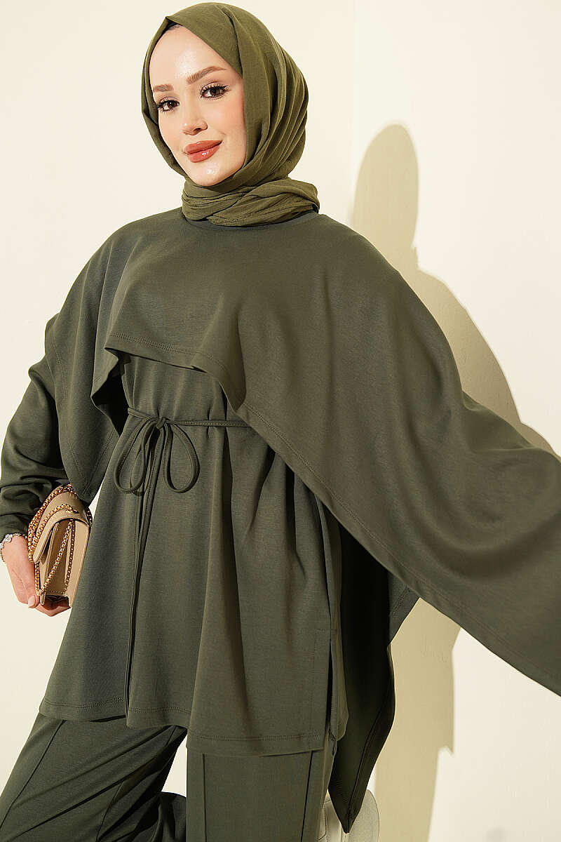Modal Two-Piece Set with Cape Detail - Khaki
