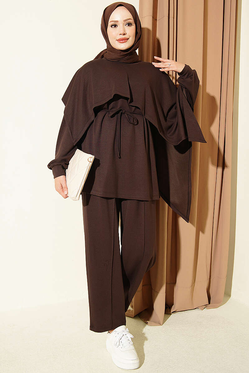 Modal Two-Piece Set with Cape Detail - Brown