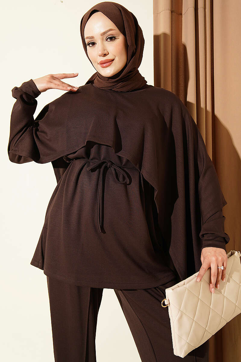 Modal Two-Piece Set with Cape Detail - Brown