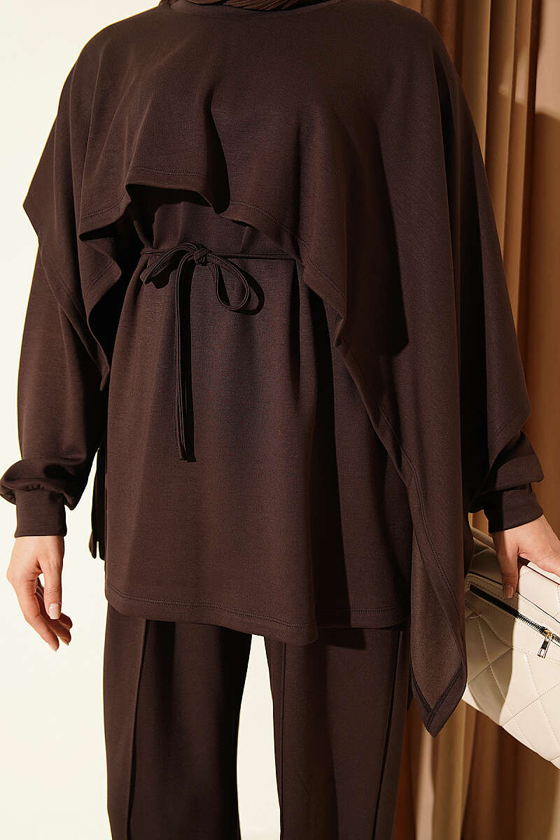 Modal Two-Piece Set with Cape Detail - Brown