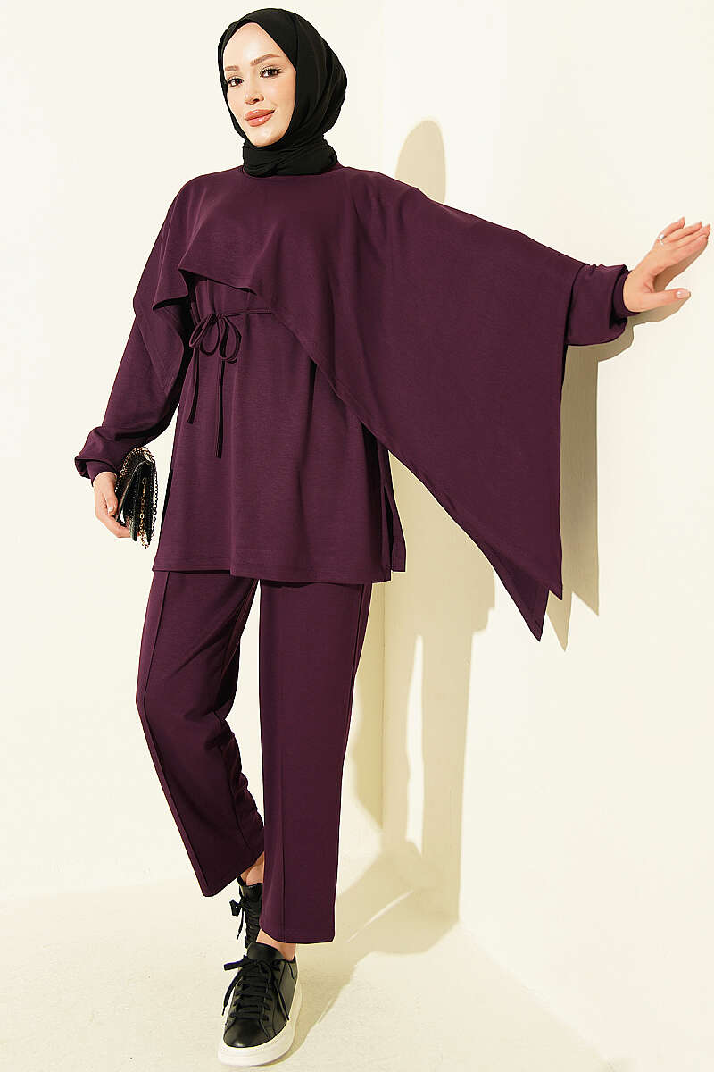 Modal Two-Piece Set with Cape Detail - Plum