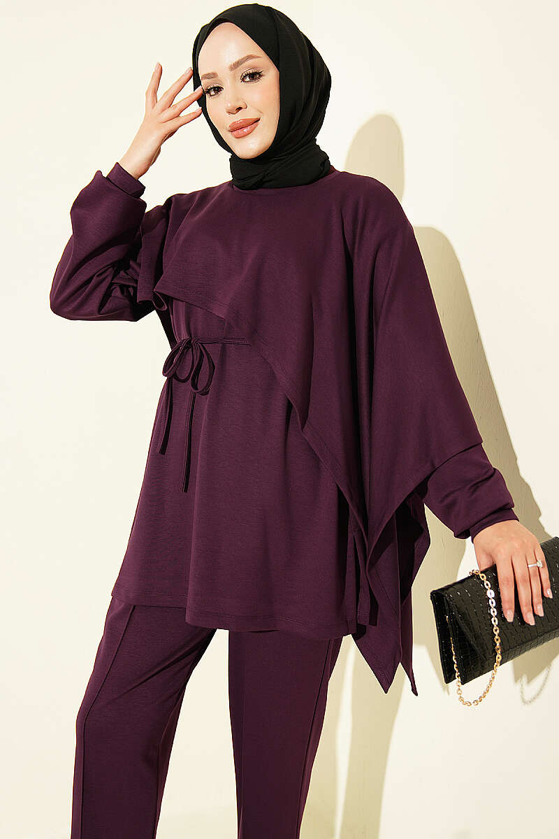 Modal Two-Piece Set with Cape Detail - Plum