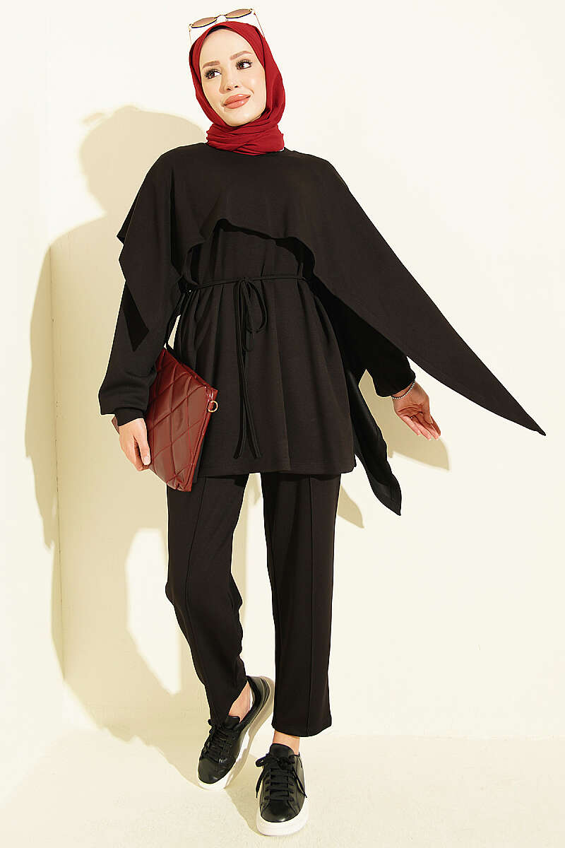 Modal Two-Piece Set with Cape Detail - Black