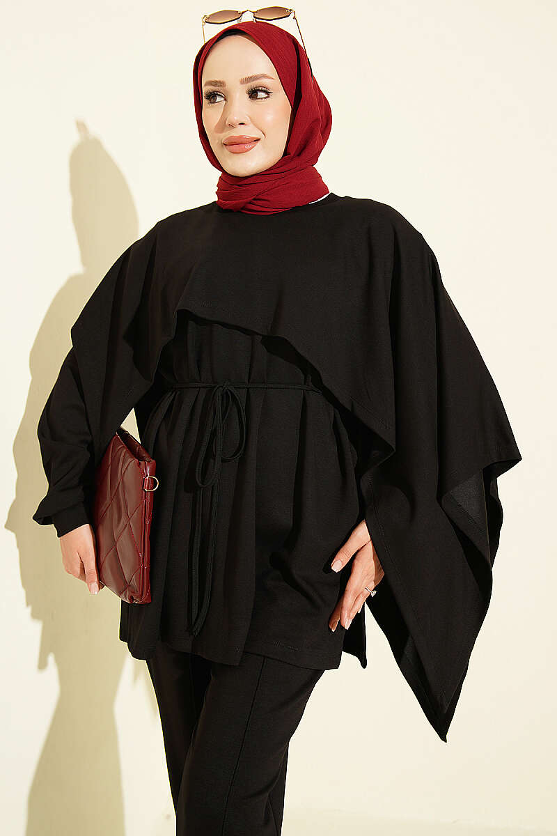 Modal Two-Piece Set with Cape Detail - Black