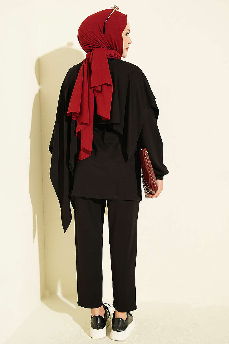Modal Two-Piece Set with Cape Detail - Black
