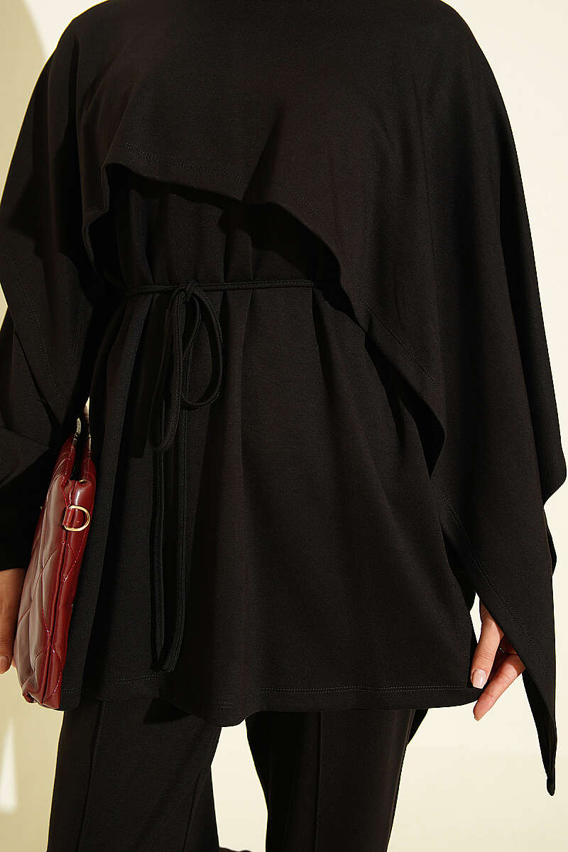 Modal Two-Piece Set with Cape Detail - Black