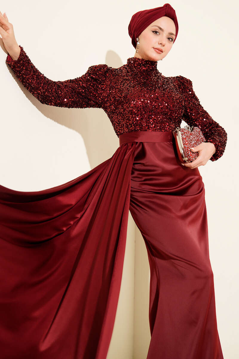 Sequin Evening Dress with Cape Detail - Burgundy