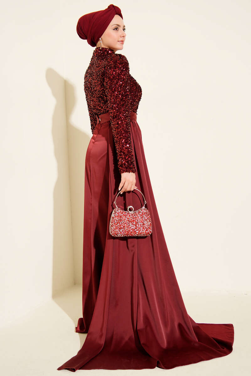 Sequin Evening Dress with Cape Detail - Burgundy