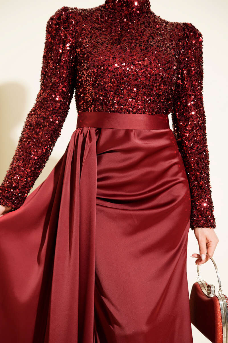 Sequin Evening Dress with Cape Detail - Burgundy