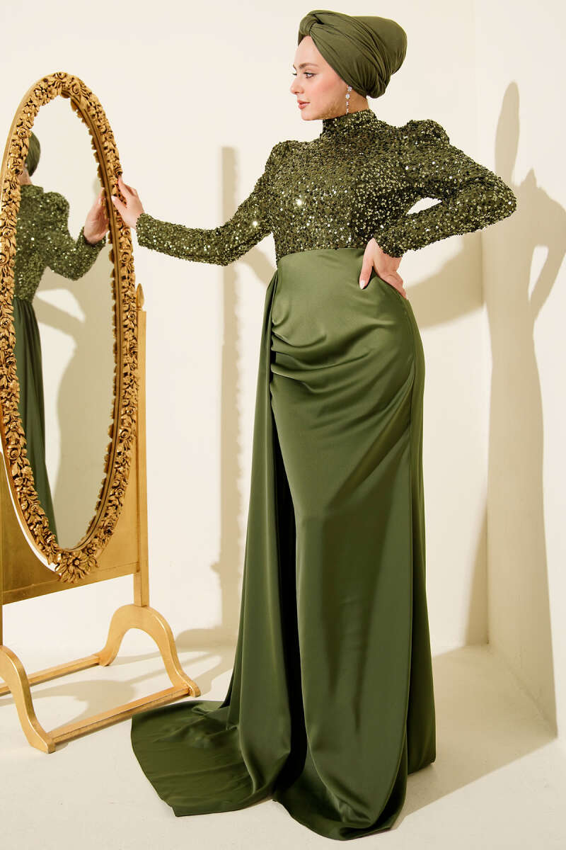 Sequin Evening Dress with Cape Detail - Khaki