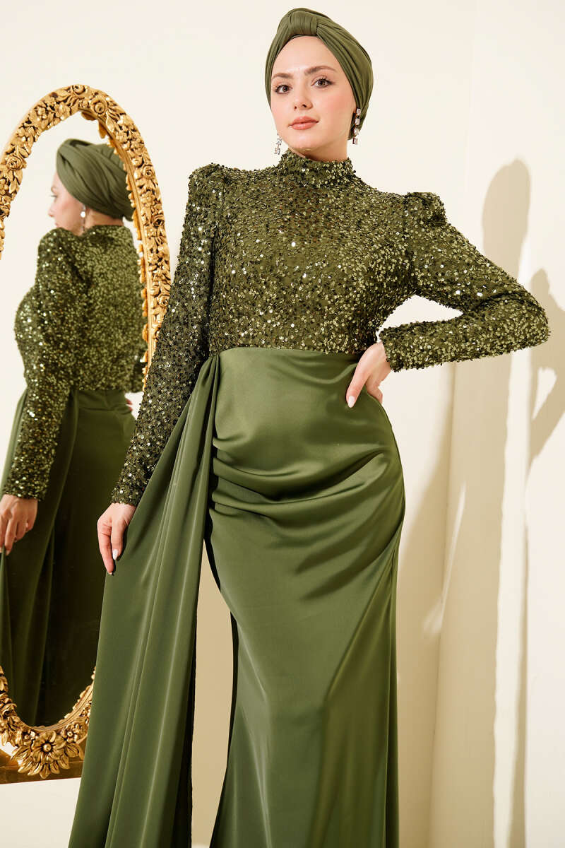 Sequin Evening Dress with Cape Detail - Khaki