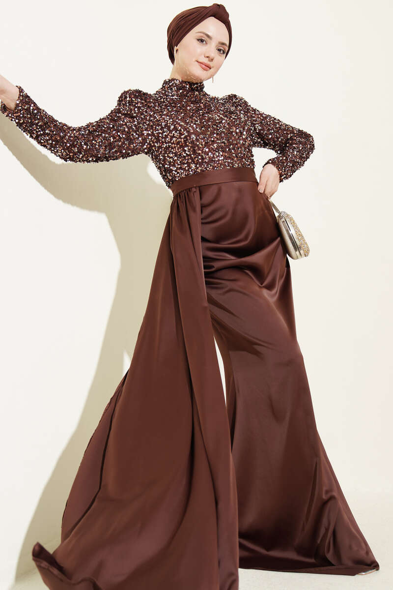 Sequin Evening Dress with Cape Detail - Brown