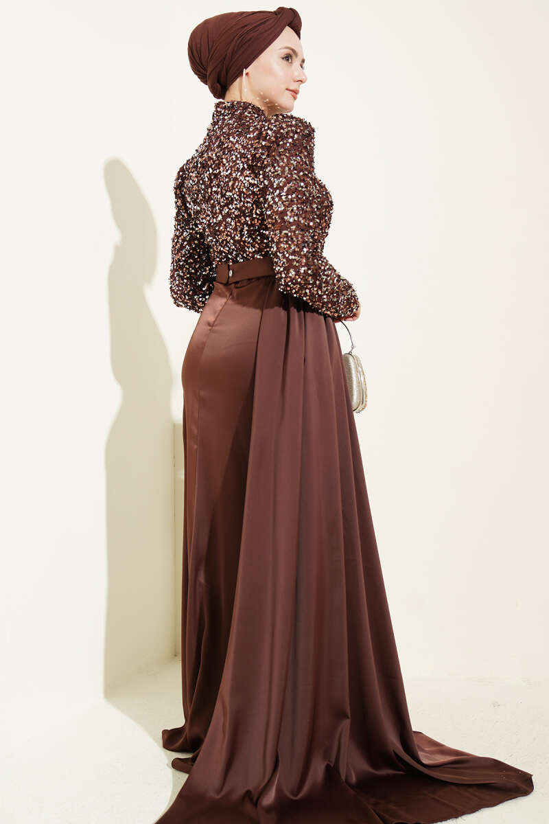 Sequin Evening Dress with Cape Detail - Brown