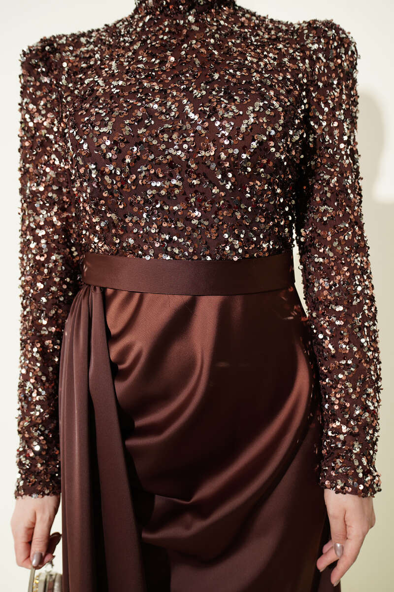 Sequin Evening Dress with Cape Detail - Brown