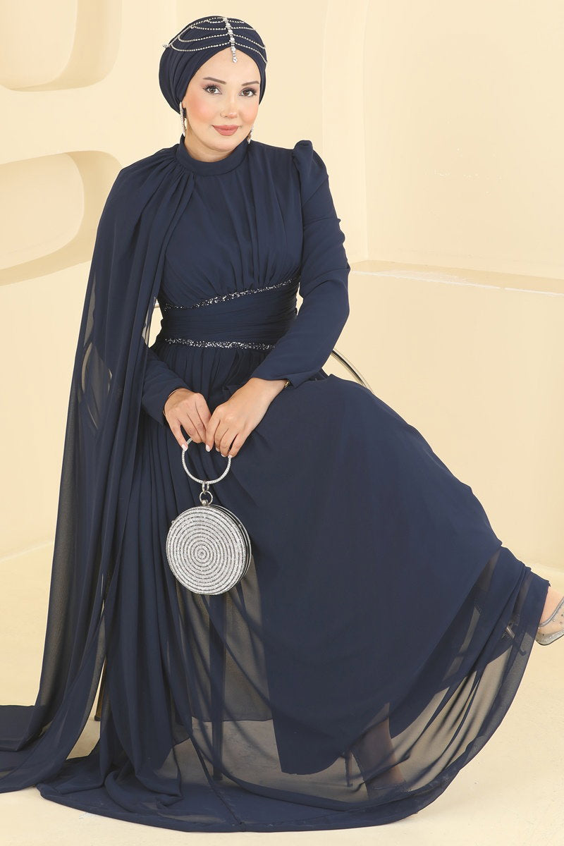 Elegant Chiffon Evening Dress with Cape - Navy