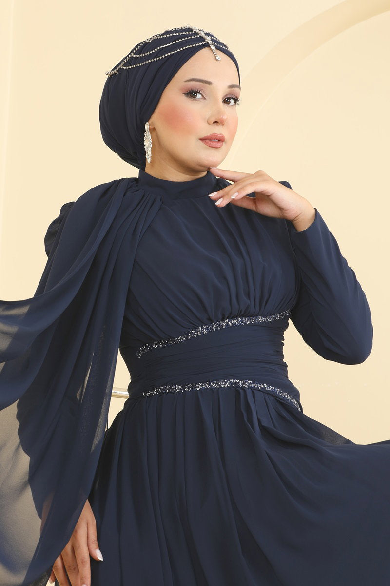 Elegant Chiffon Evening Dress with Cape - Navy
