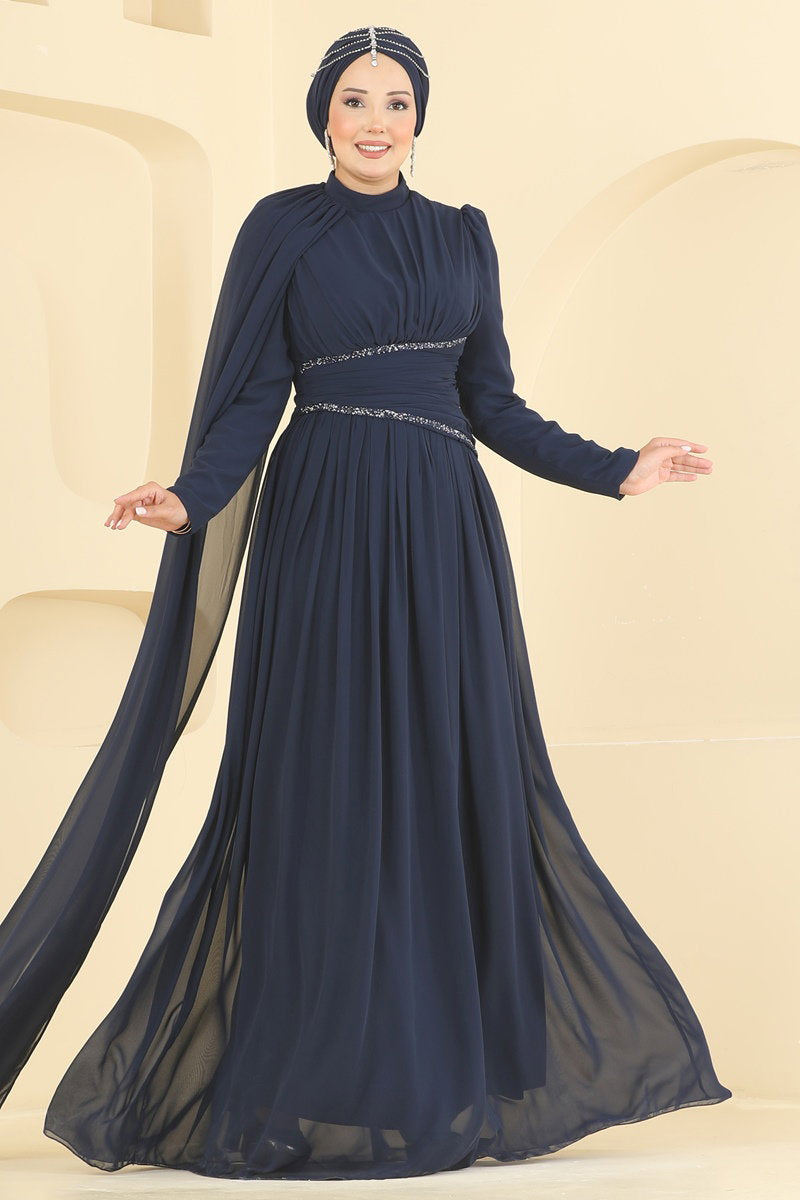 Elegant Chiffon Evening Dress with Cape - Navy