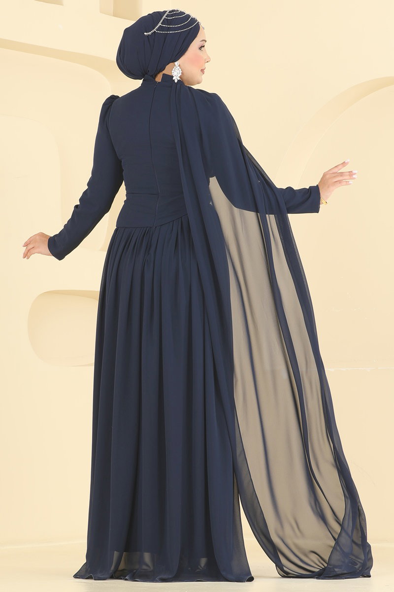 Elegant Chiffon Evening Dress with Cape - Navy