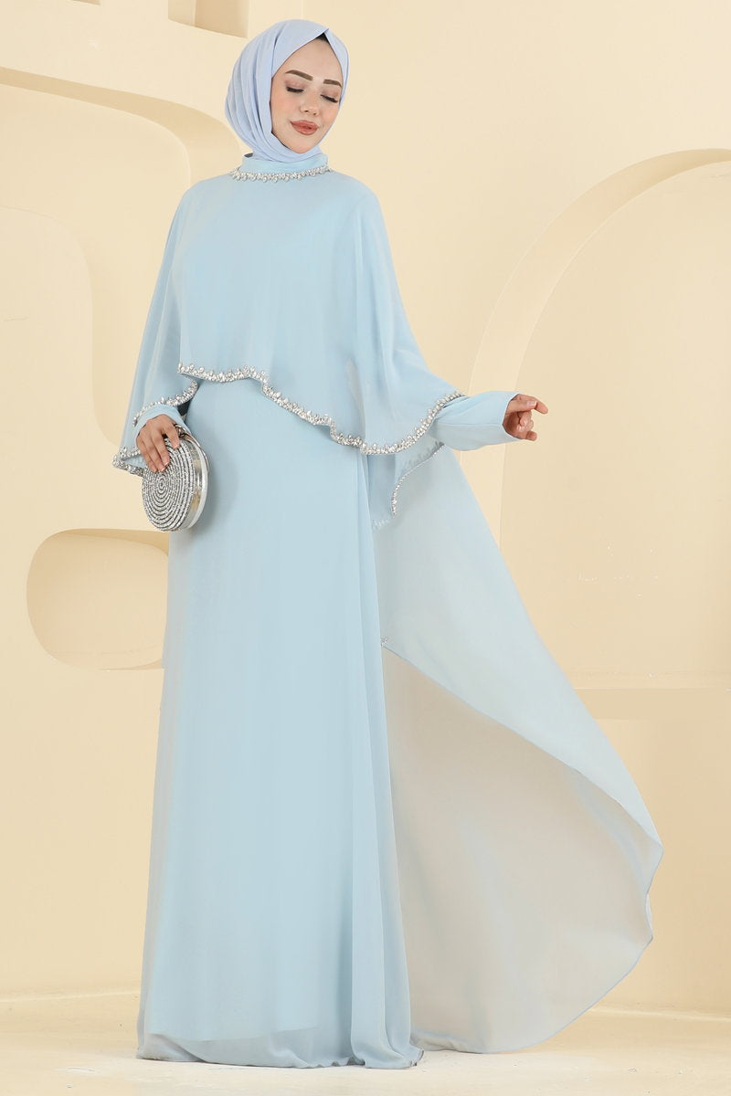 Embellished Chiffon Evening Dress with Cape - Light Blue
