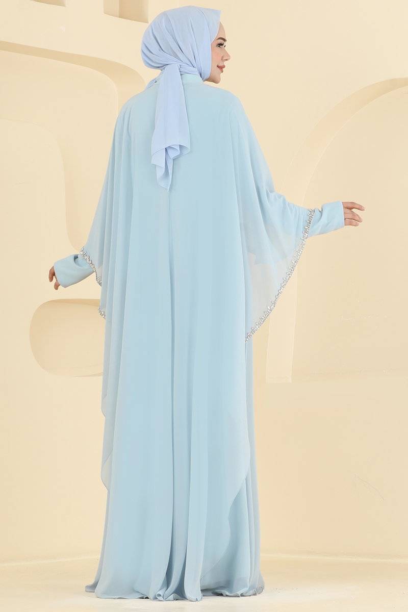 Embellished Chiffon Evening Dress with Cape - Light Blue