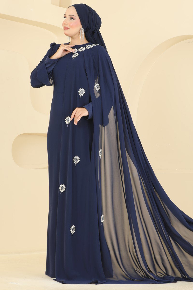 Stone-Embellished Cape Evening Dress - Navy