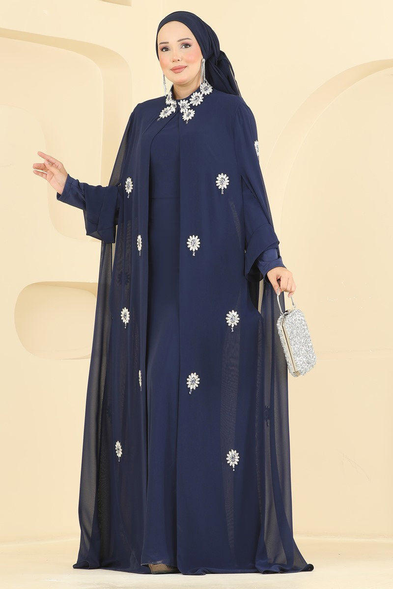 Stone-Embellished Cape Evening Dress - Navy