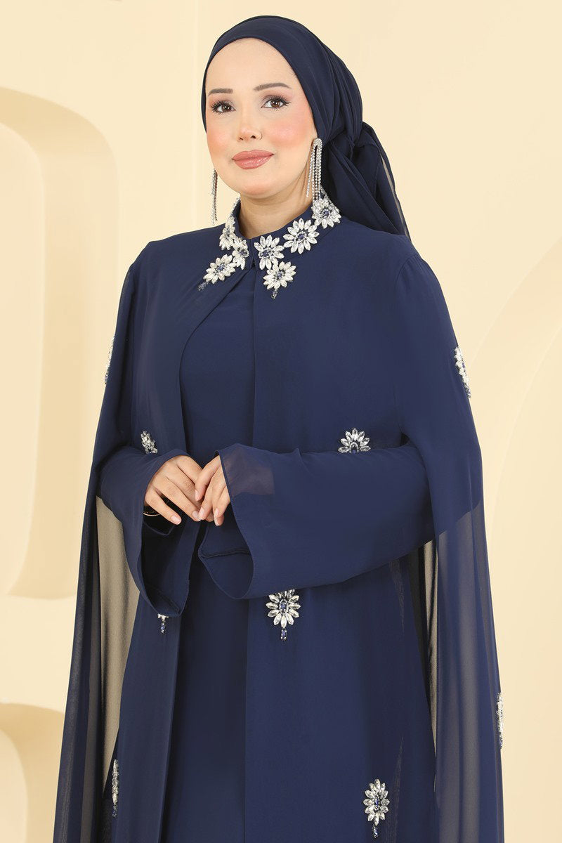 Stone-Embellished Cape Evening Dress - Navy