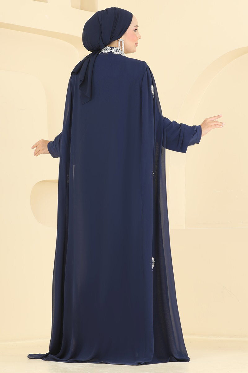 Stone-Embellished Cape Evening Dress - Navy