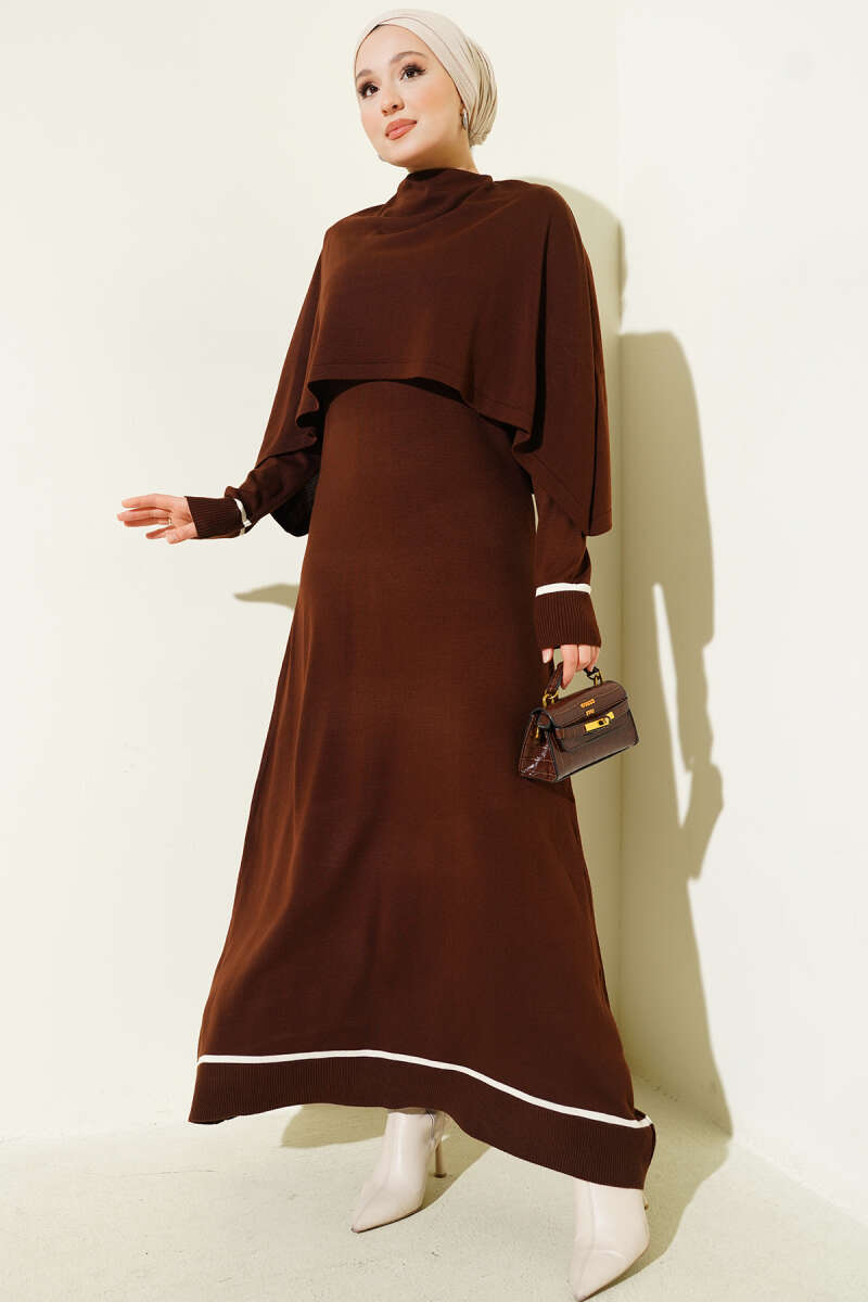 Knit Dress with Cape Detail - Brown